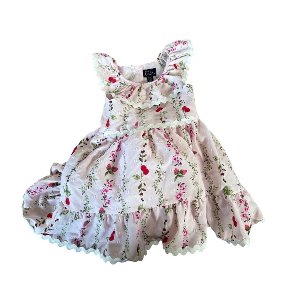 Lilt Toddler Girls Pink Floral Strawberry Swiss Dot Ric Rac Tiered Dress 2T